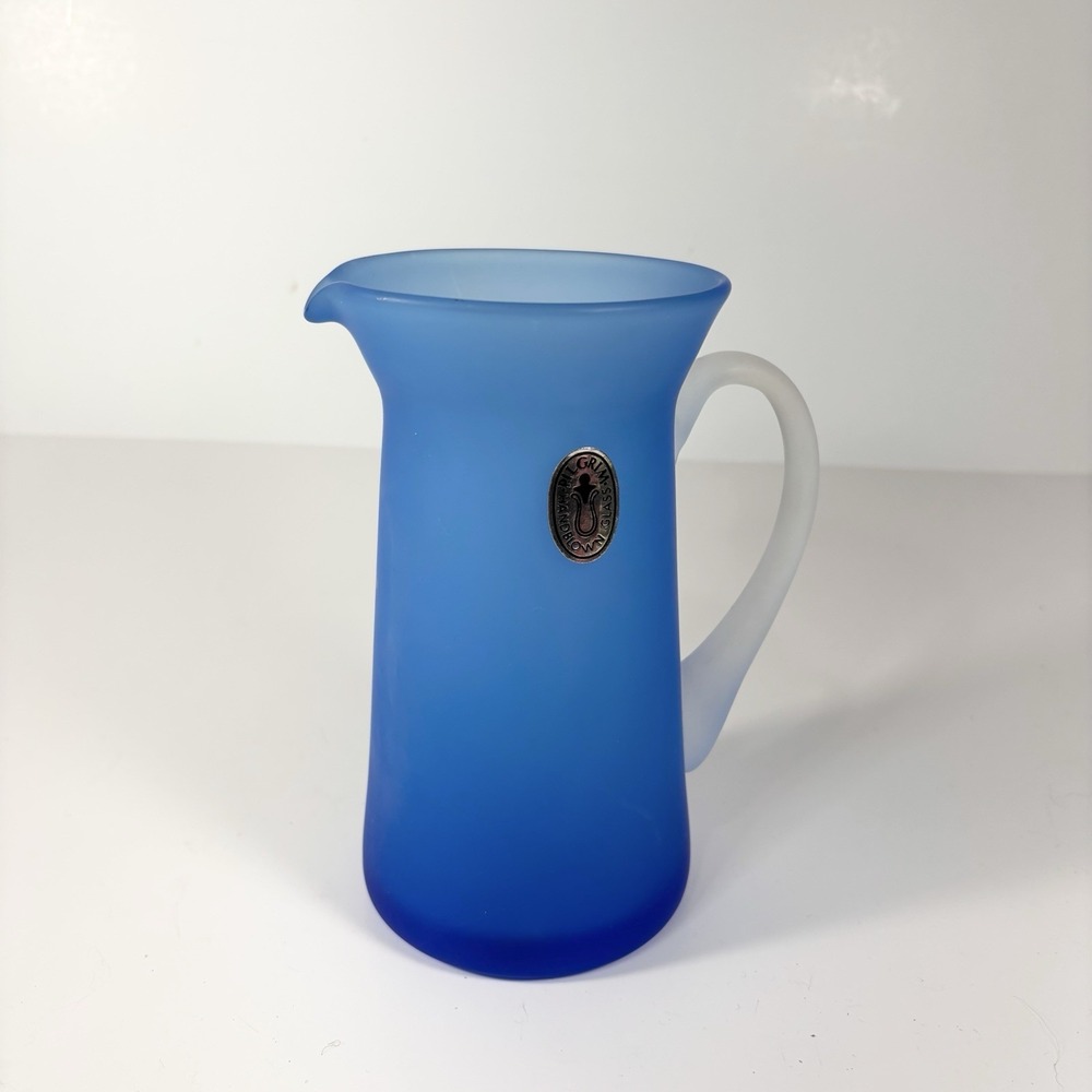 Vintage Handblown Satin Blue Pitcher White Handle Pilgrim Glass 6 3/4"